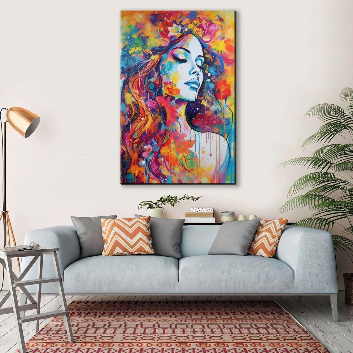 Serene Woman Face Rainbow Paint Drip Hair Floral Mixed Art Poster - Image 2