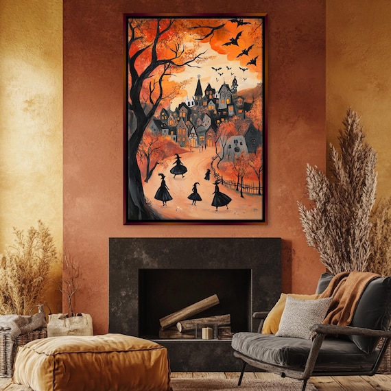 Halloween Witch Town Festive Scene Orange Sky Bats Spooky Village Wall Art