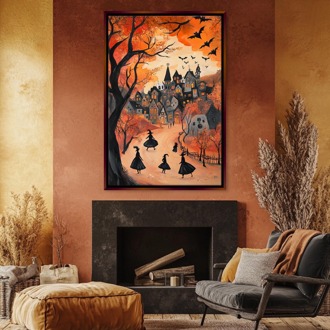 Halloween Witch Town Festive Scene Orange Sky Bats Spooky Village Wall Art