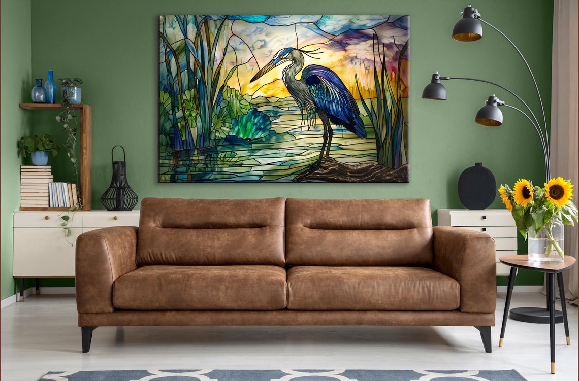Blue Heron Stained Glass Sunset Wetlands Leaded Panel Art Poster - Image 2