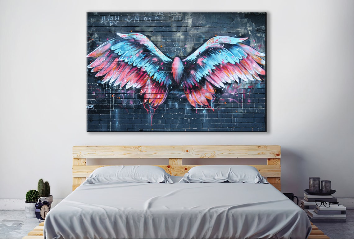 Graffiti Angel Wings Dark Brick Wall Blue Pink Street Art Poster - Image 2