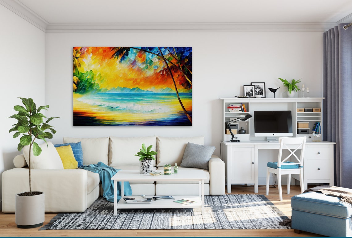 Tropical Beach Sunset Waves Framed by Palm Leaves Island View Poster - Image 3
