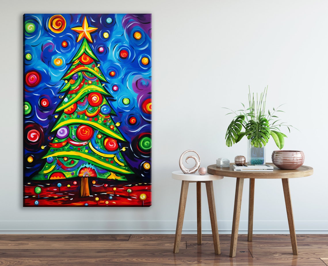 Chromatic Festive Christmas Tree Rainbow Swirl Starry Night Art Poster - Image 3