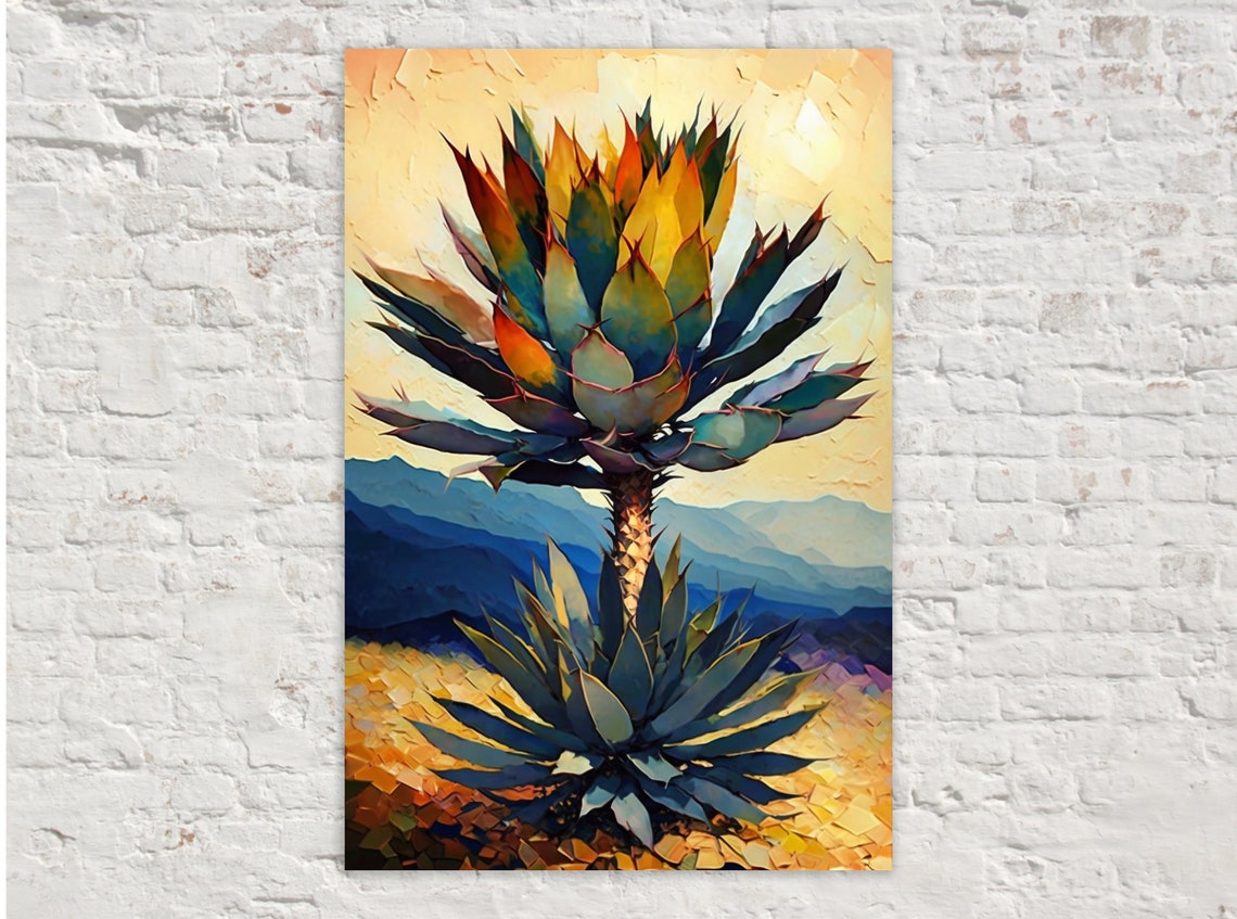 Blooming Agave Flower Stalk Desert Mountains Golden Sunset Art Poster
