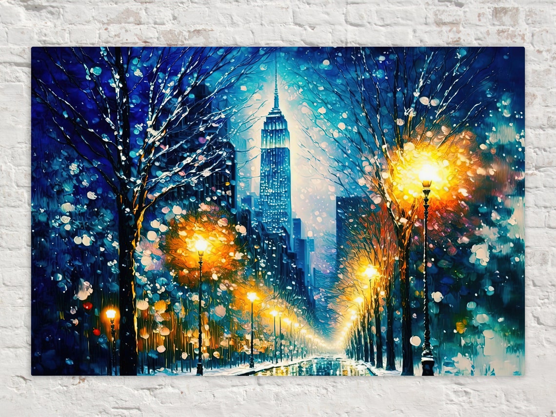 New York City Winter Night Empire State Building Snowfall Poster