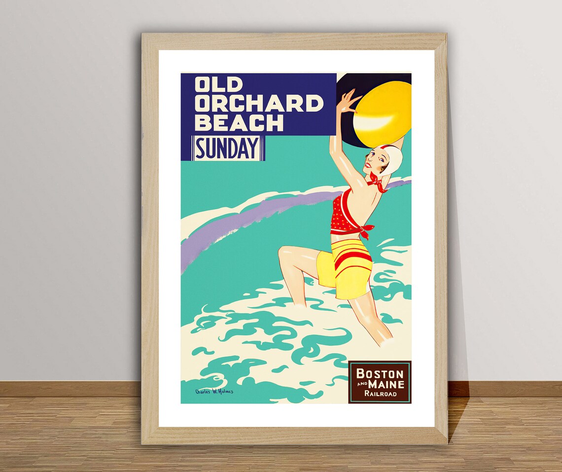Old Orchard Beach Sunday Boston and Maine Railroad Vintage Swim Poster