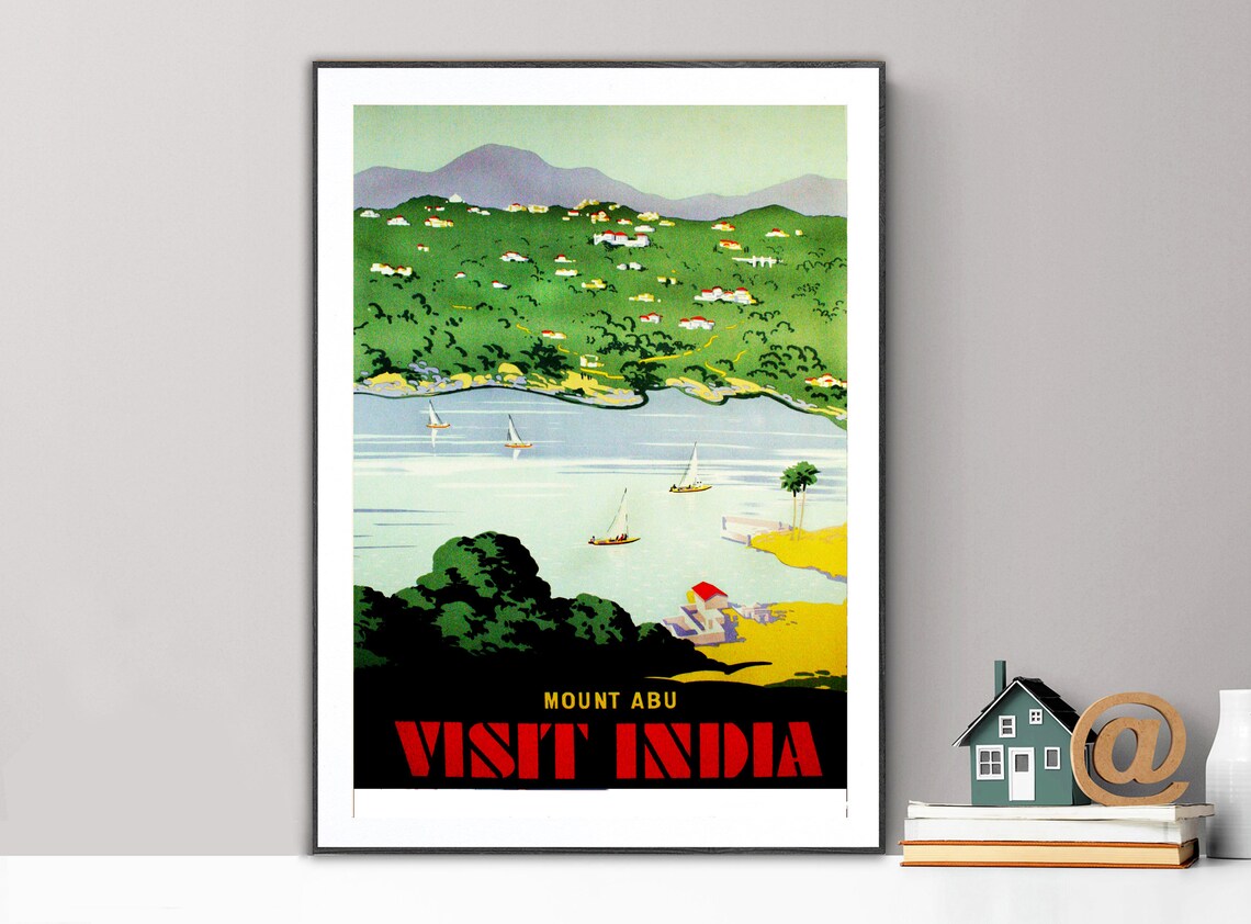 Mount Abu Visit India Lake Sailboats Scenic Vintage Travel Poster