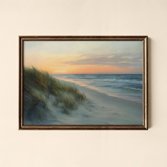 Peaceful Beach Dunes Sunset Coastal Painting Art Poster At Golden Hour