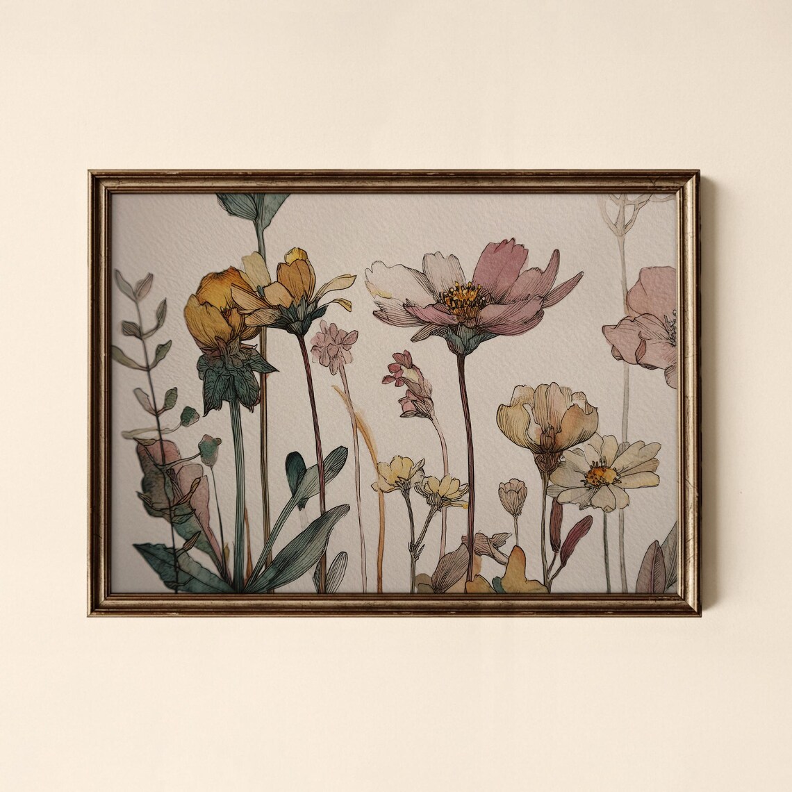 Vintage Wildflower Meadow Botanical Illustration Muted Floral Poster