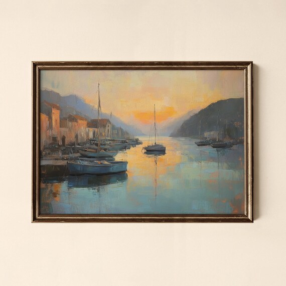 Vintage Harbor Sunset Sailboats Golden Water Impressionist Print