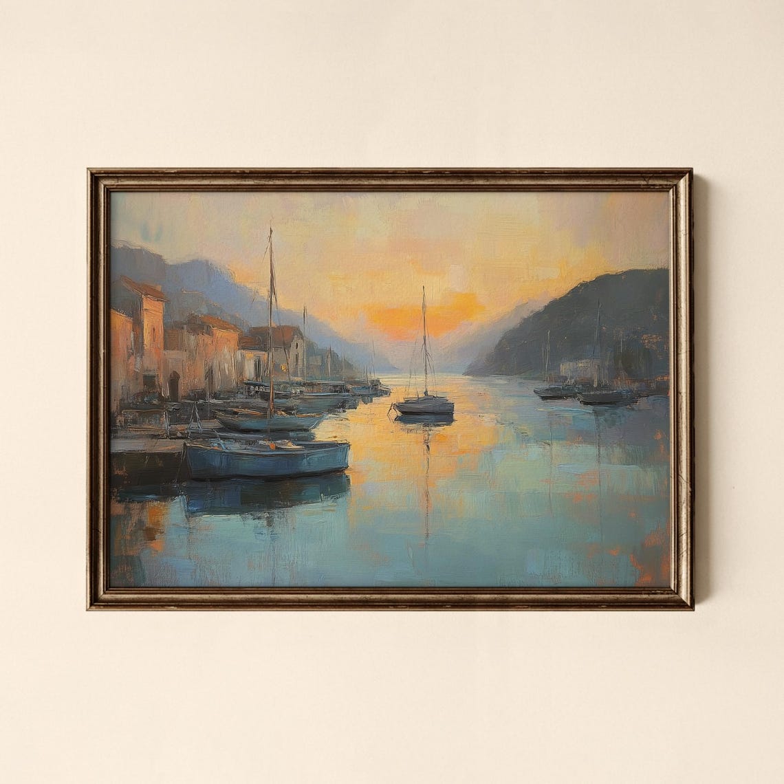 Vintage Harbor Sunset Sailboats Golden Water Impressionist Print