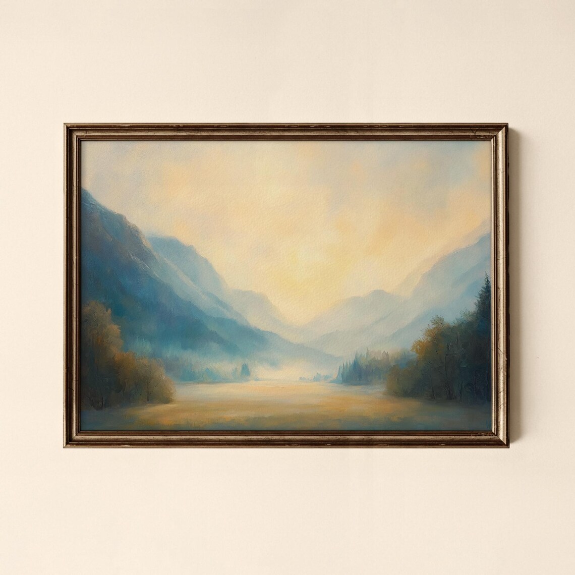 Misty Mountain Valley Golden Light Vintage Landscape Painting Poster