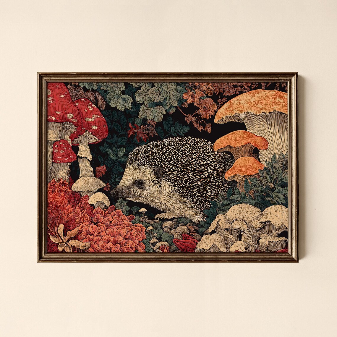 Hedgehog Among Red Toadstools Autumn Woodland Animal Art Poster