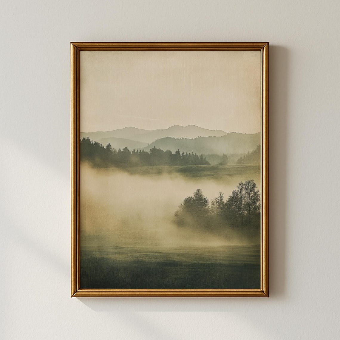 Hazy Mountain Lake Morning Mist Vintage Neutral Landscape Poster
