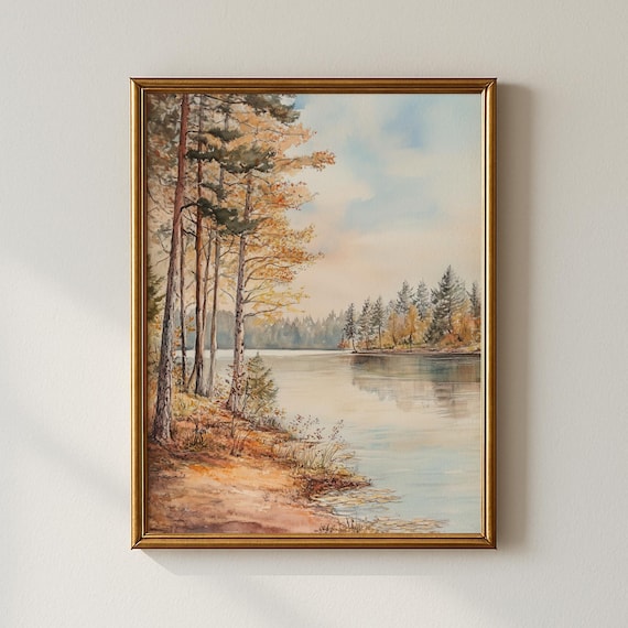Autumn Lakeshore Pines and Birch Trees Watercolor Art Poster