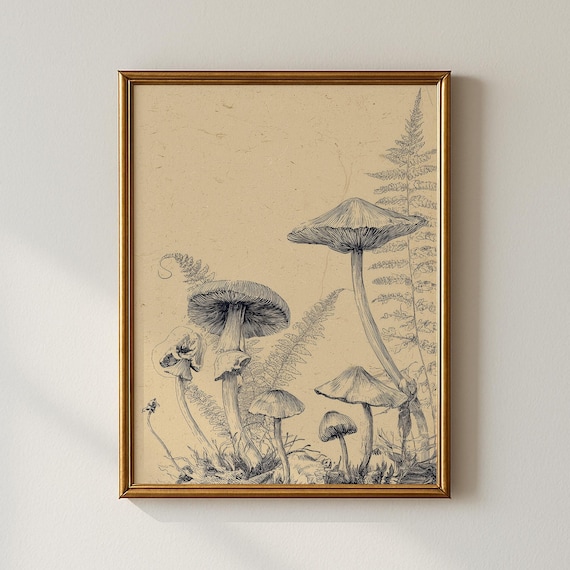 Vintage Mushroom Art Print, Nature Office Decor