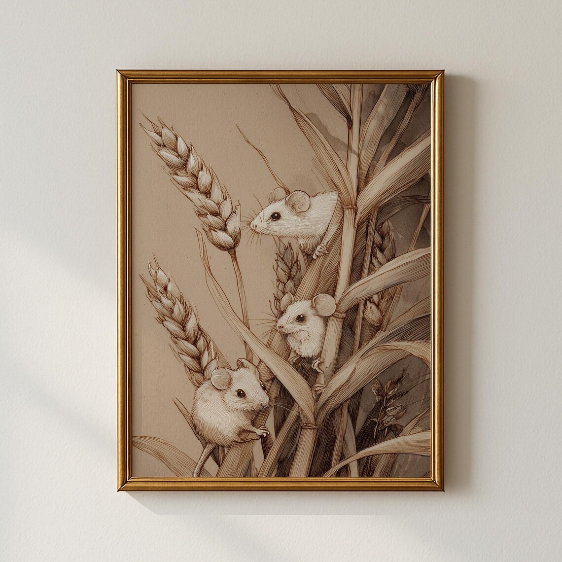 Three Mice in Wheat Vintage Sepia Animal Sketch Cute Mouse Poster