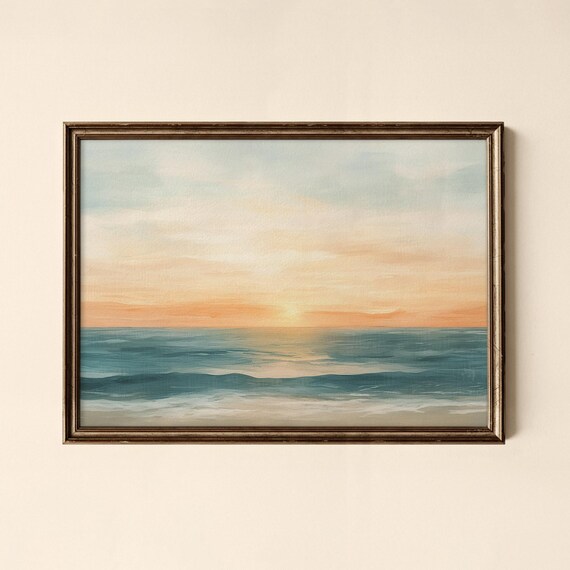 Soft Ocean Sunset Teal Waves Peach Horizon Coastal Art Print