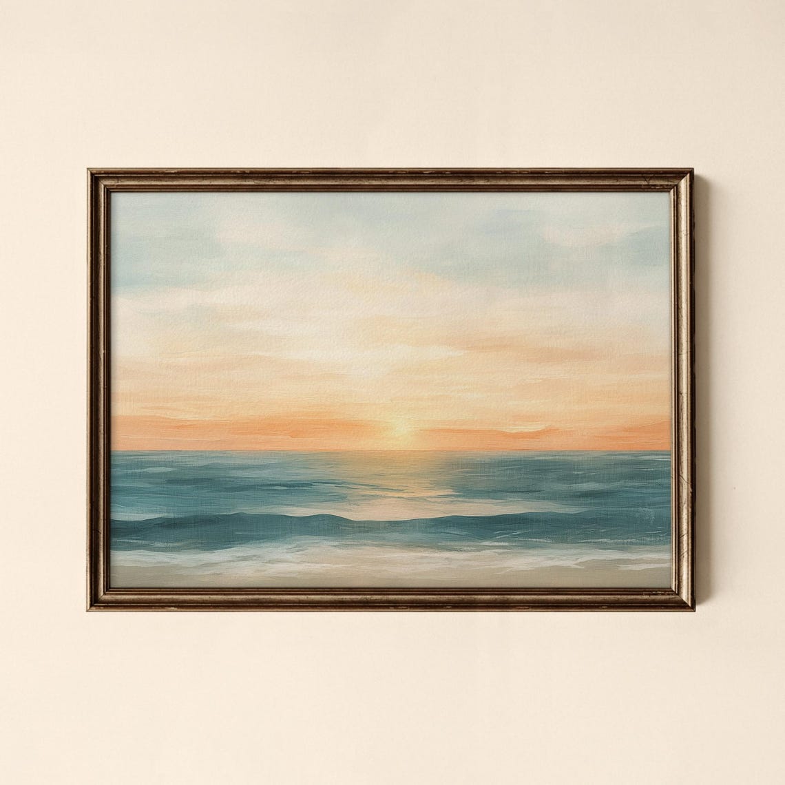 Soft Ocean Sunset Teal Waves Peach Horizon Coastal Art Print