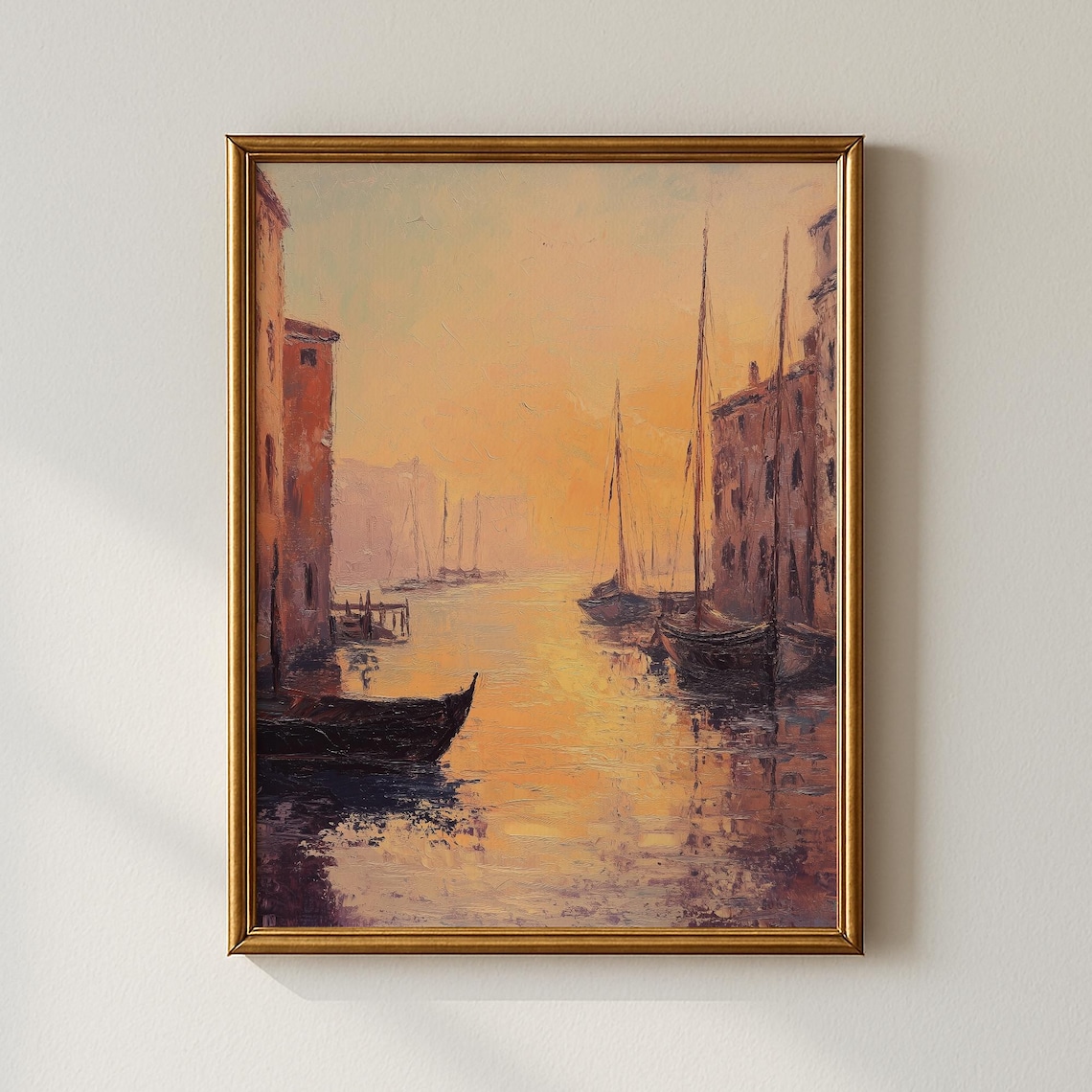 Golden Hour Canal Sunset Boats Warm Glow Vintage Painting Print