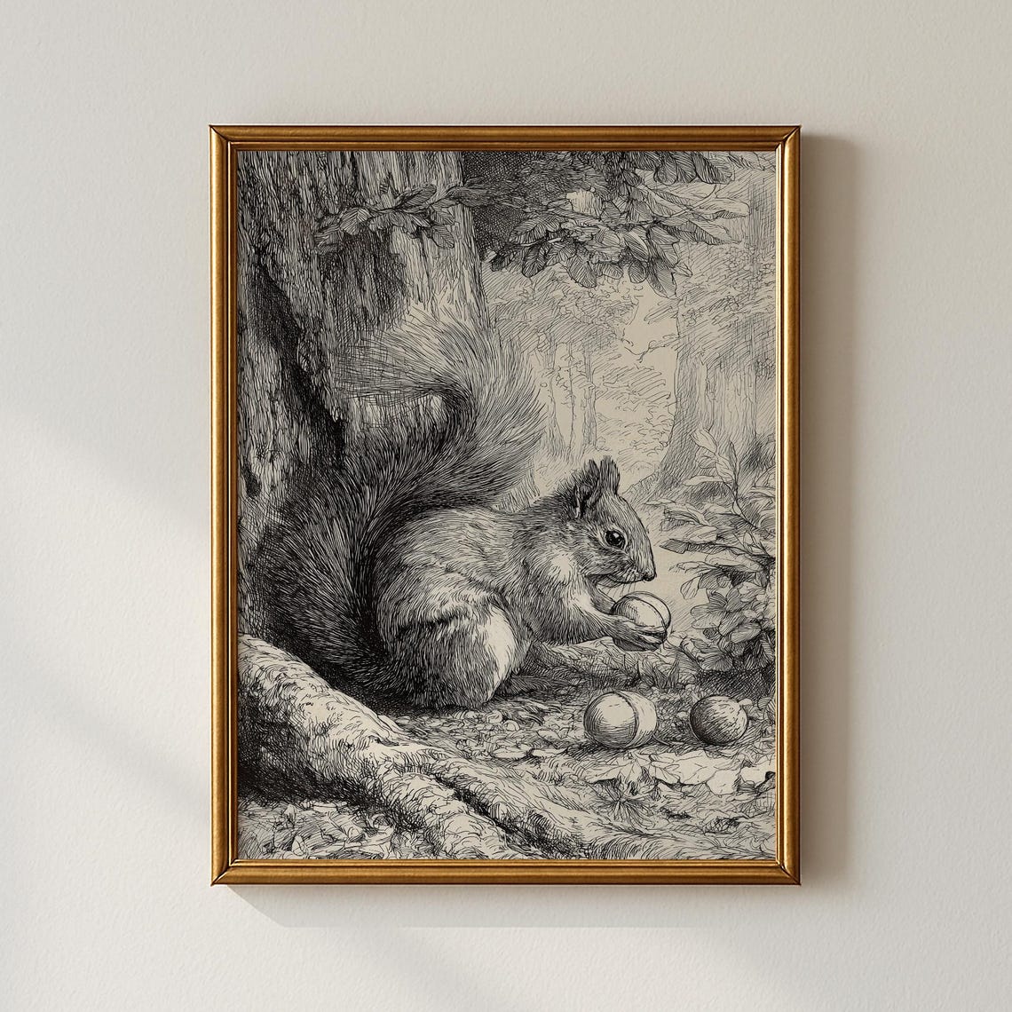 Vintage Squirrel Holding Acorns Detailed Etching Nature Art Poster