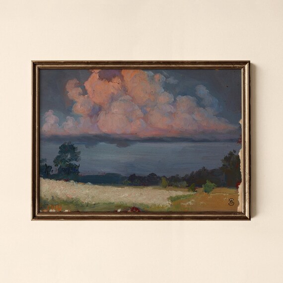 Vintage Coastal Seascape Dramatic Storm Clouds Antique Oil Painting Print