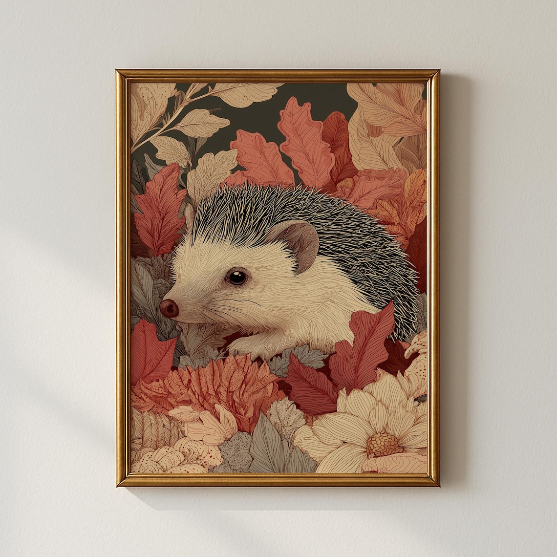 Vintage Autumn Hedgehog Print with Woodland Animal in Fall Leaves