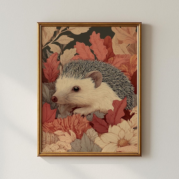 Vintage Autumn Hedgehog Print with Woodland Animal in Fall Leaves
