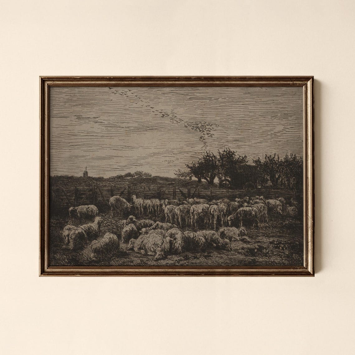 Vintage Rustic Sheep Pasture Flock Landscape Etching Antique Print