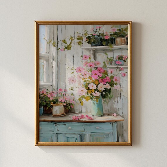 Pink Wildflower Bouquet in Mint Vase Shabby Chic Floral Print