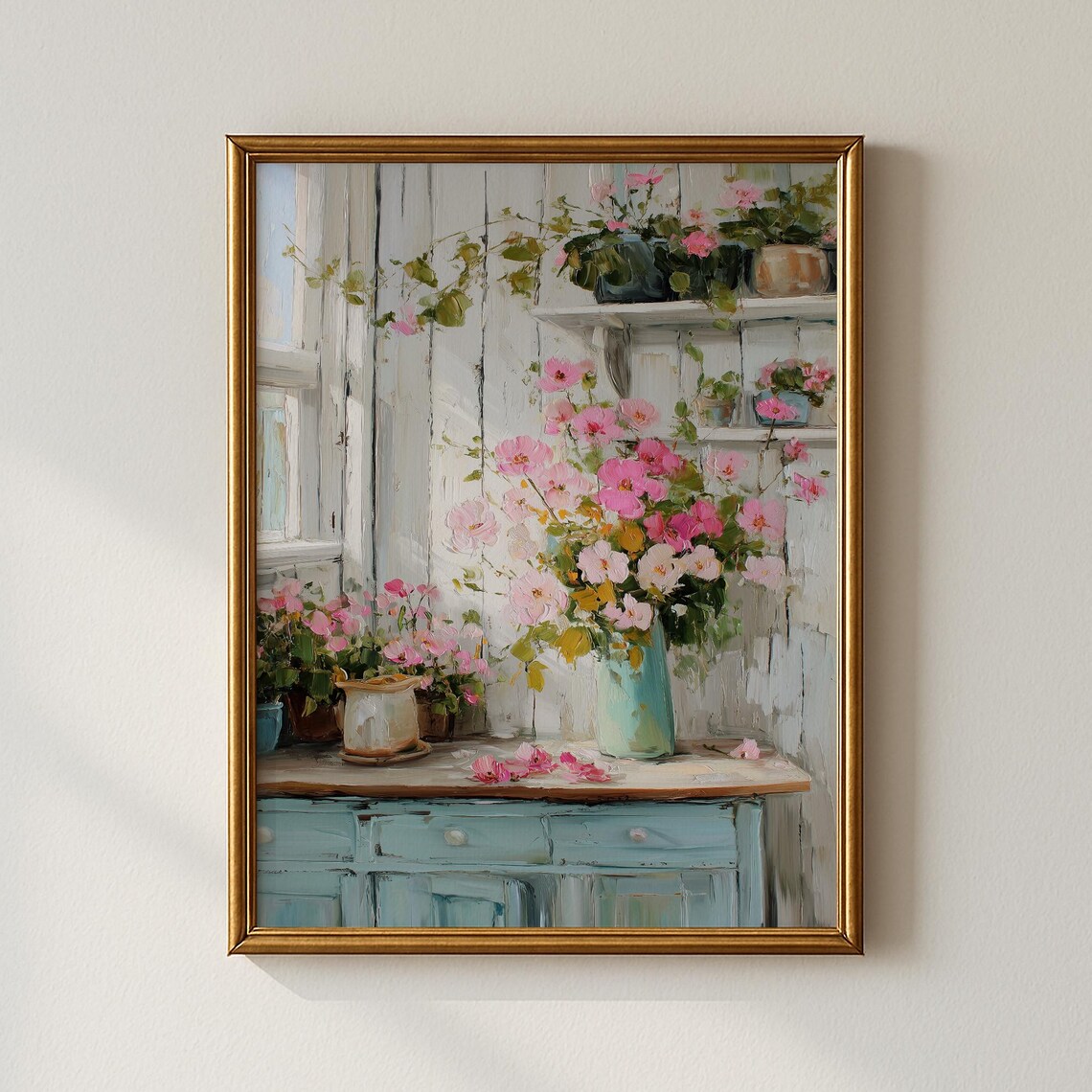 Pink Wildflower Bouquet in Mint Vase Shabby Chic Floral Print