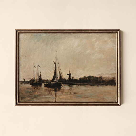 Vintage Sailboats Windmill Coastal Harbor Muted Tones Classic Art Wall Poster