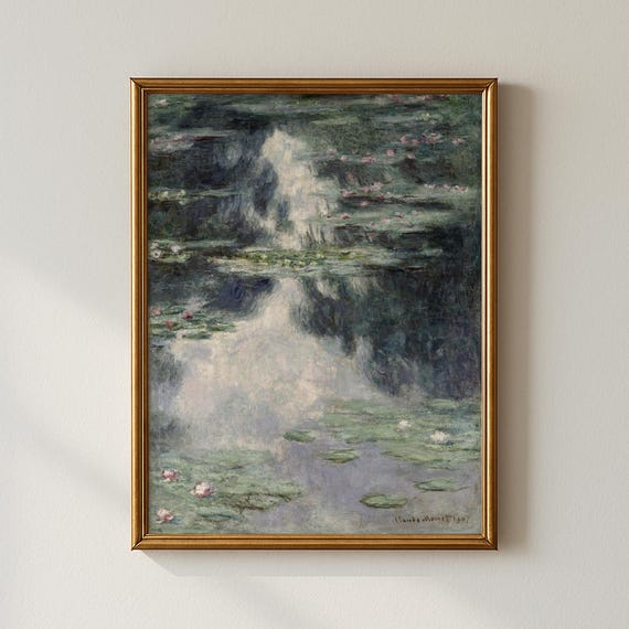 Vintage Moody Green Water Lilies Print Living Room Decor Collected Prints Cpp299