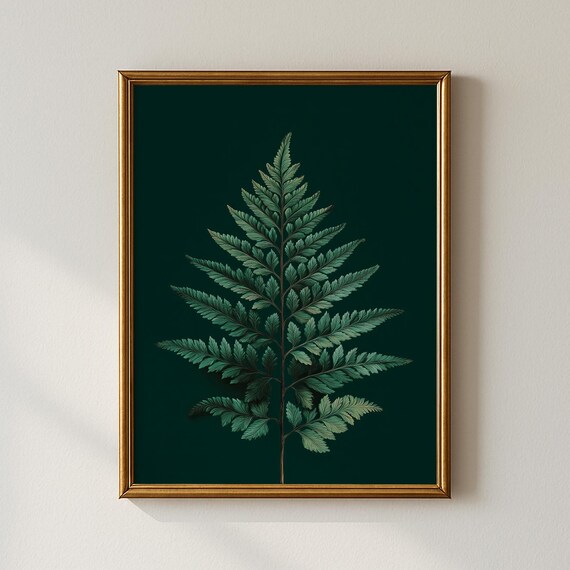 Vintage Fern Botanical Print with Green Frond on Dark Green Background