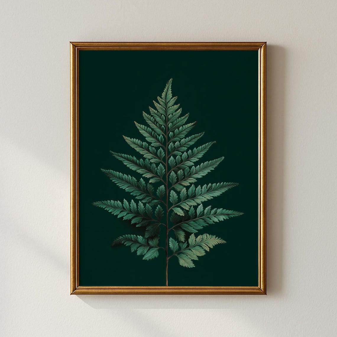 Vintage Fern Botanical Print with Green Frond on Dark Green Background
