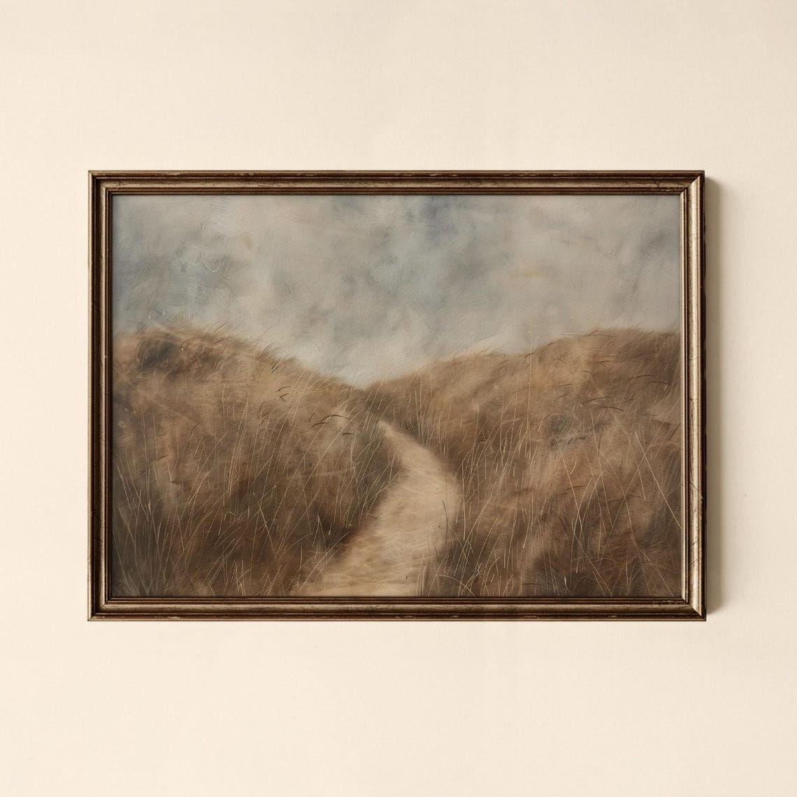 Winding Path Through Dry Grass Field Muted Vintage Landscape Print
