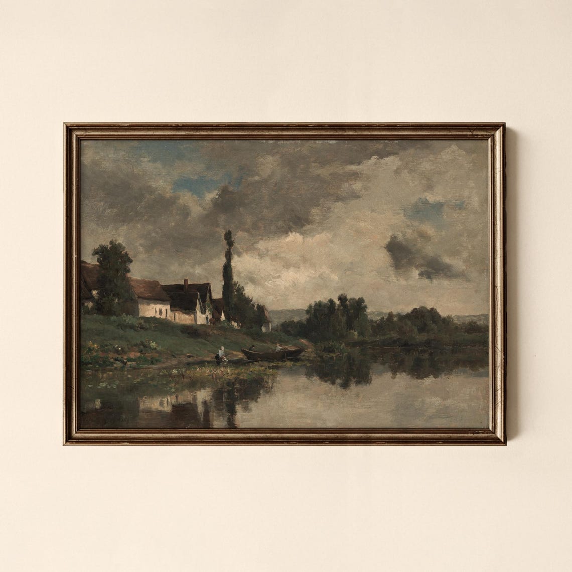 River Village With Rowboat Cloudy Day Vintage Landscape Poster