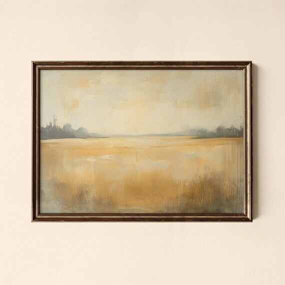 Golden Wheat Field Mist Minimalist Vintage Landscape Wall Art