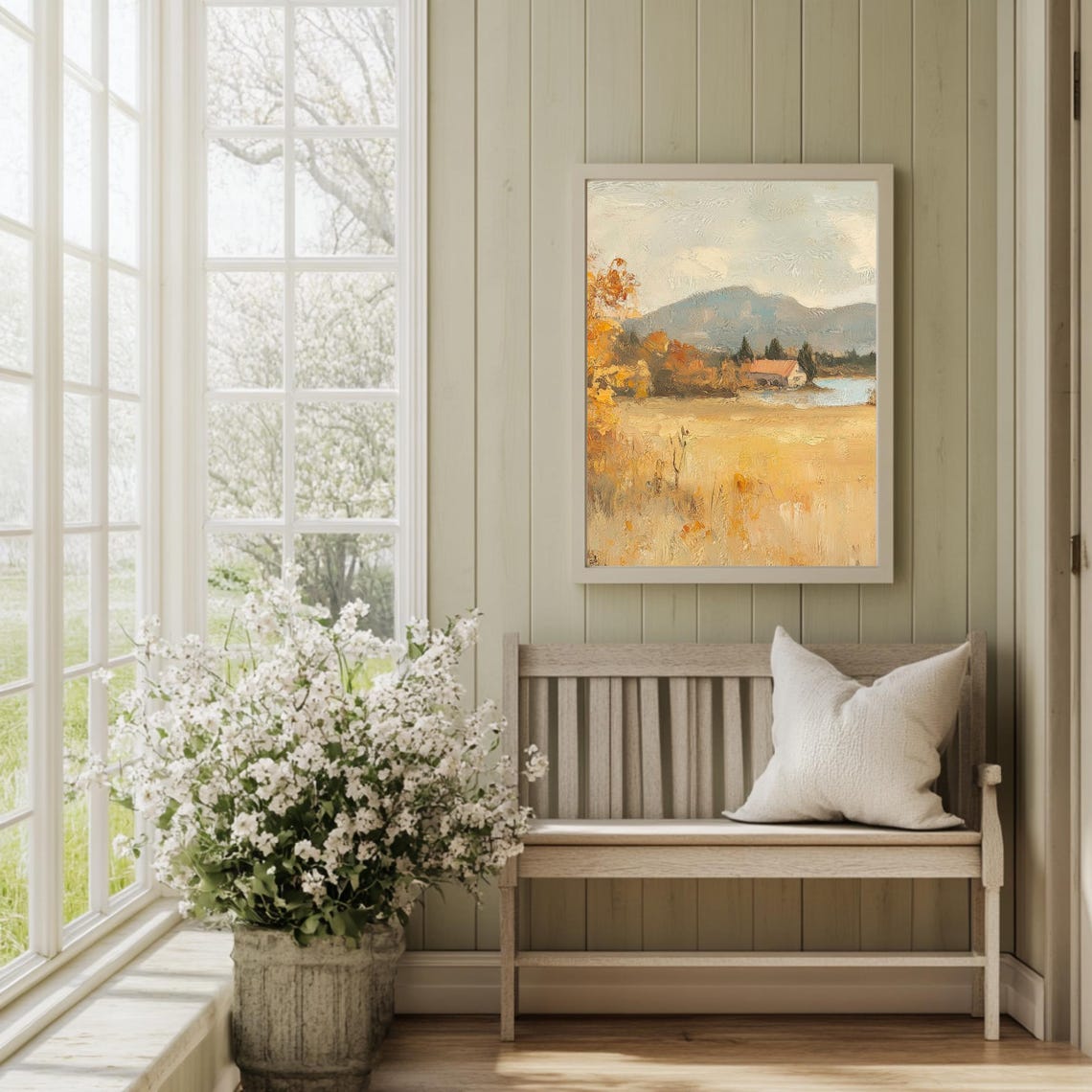 Golden Wheat Field Farmhouse Lake Misty Mountain Impressionist Poster - Image 2