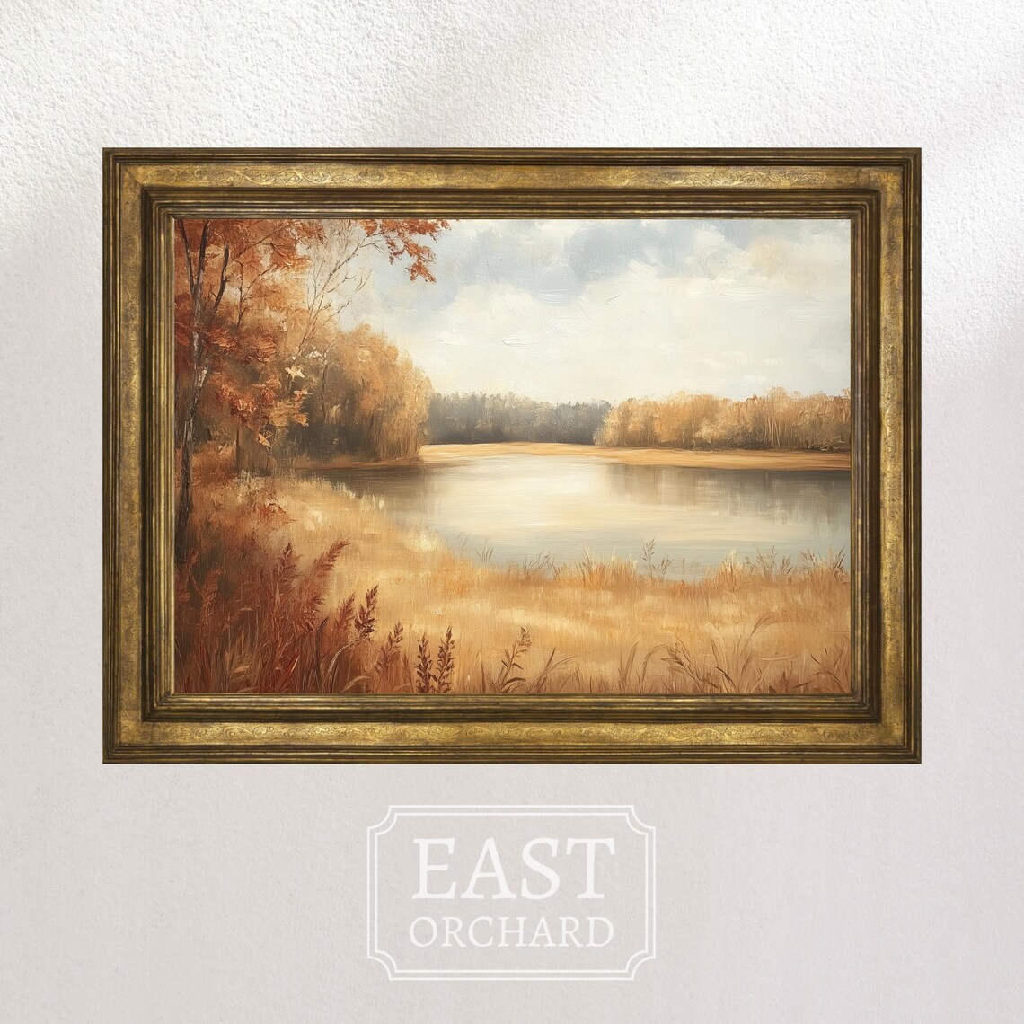 Autumn Lake Golden Grasses Orange Trees Reflective Vintage Painting Poster