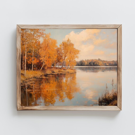 Golden Autumn Trees Lake Reflection Serene Fall Foliage Painting Poster
