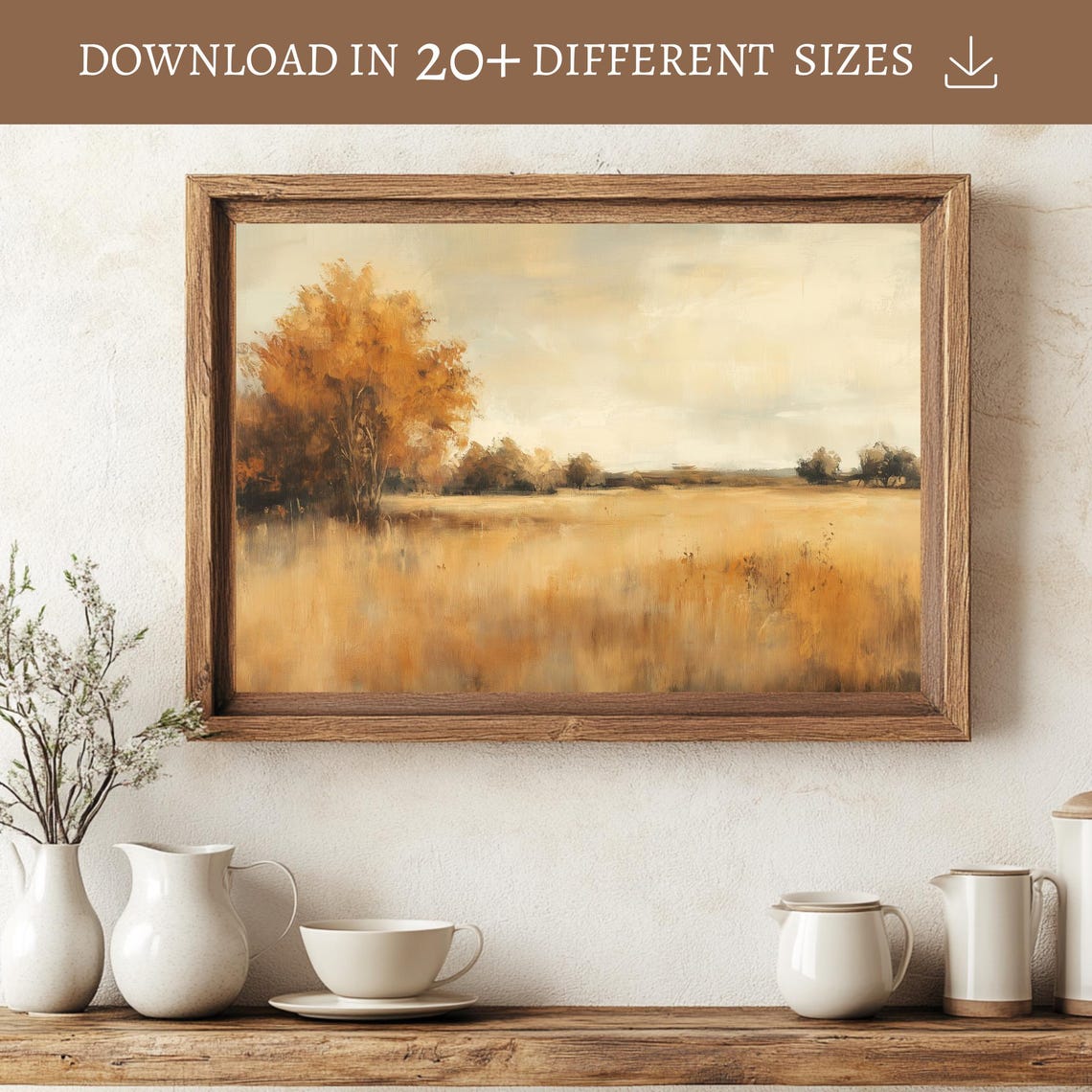 Golden Autumn Field Russet Tree Hazy Minimalist Fall Landscape Poster - Image 2