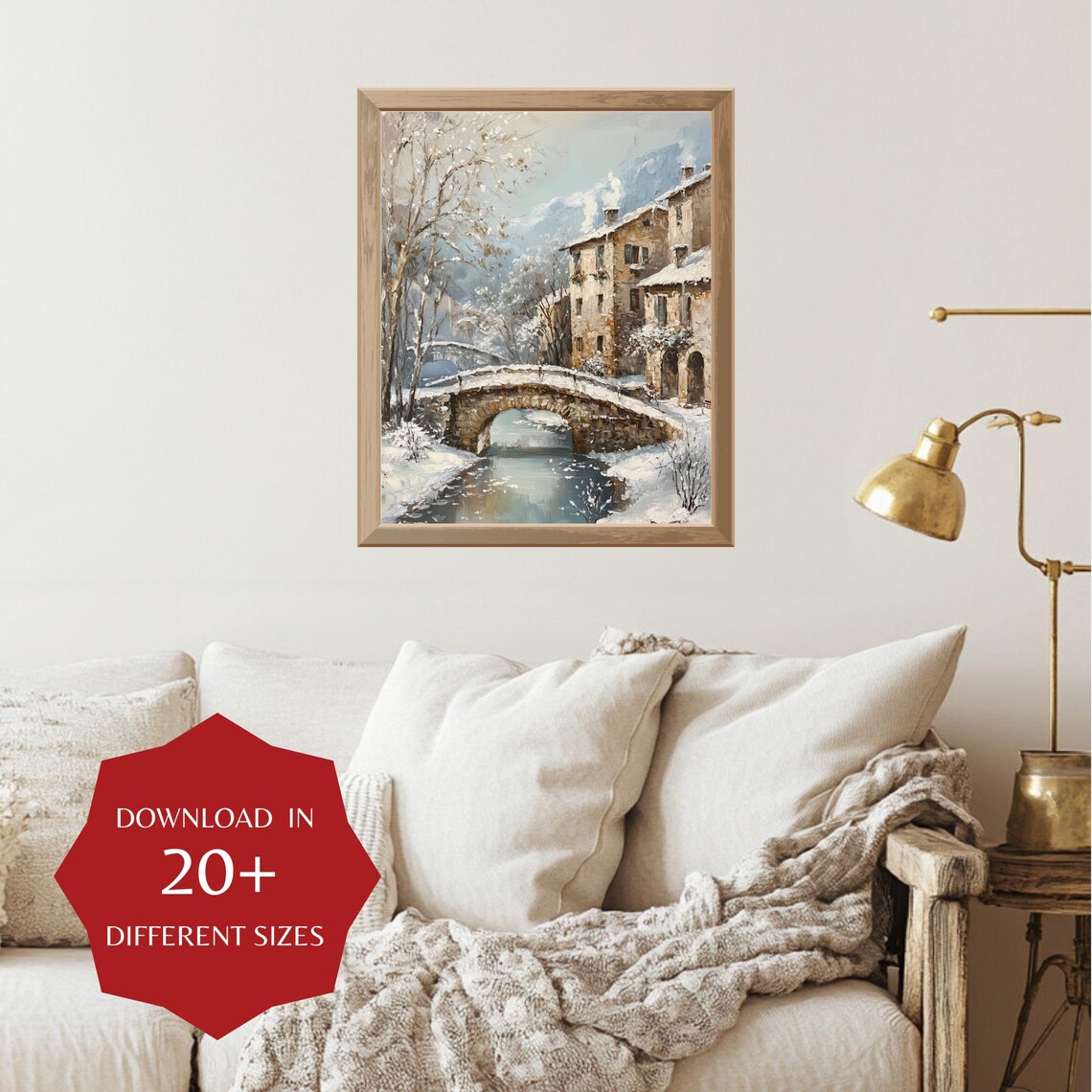 Snowy European Old Stone Village Bridge Stream Vintage Winter Poster - Image 3