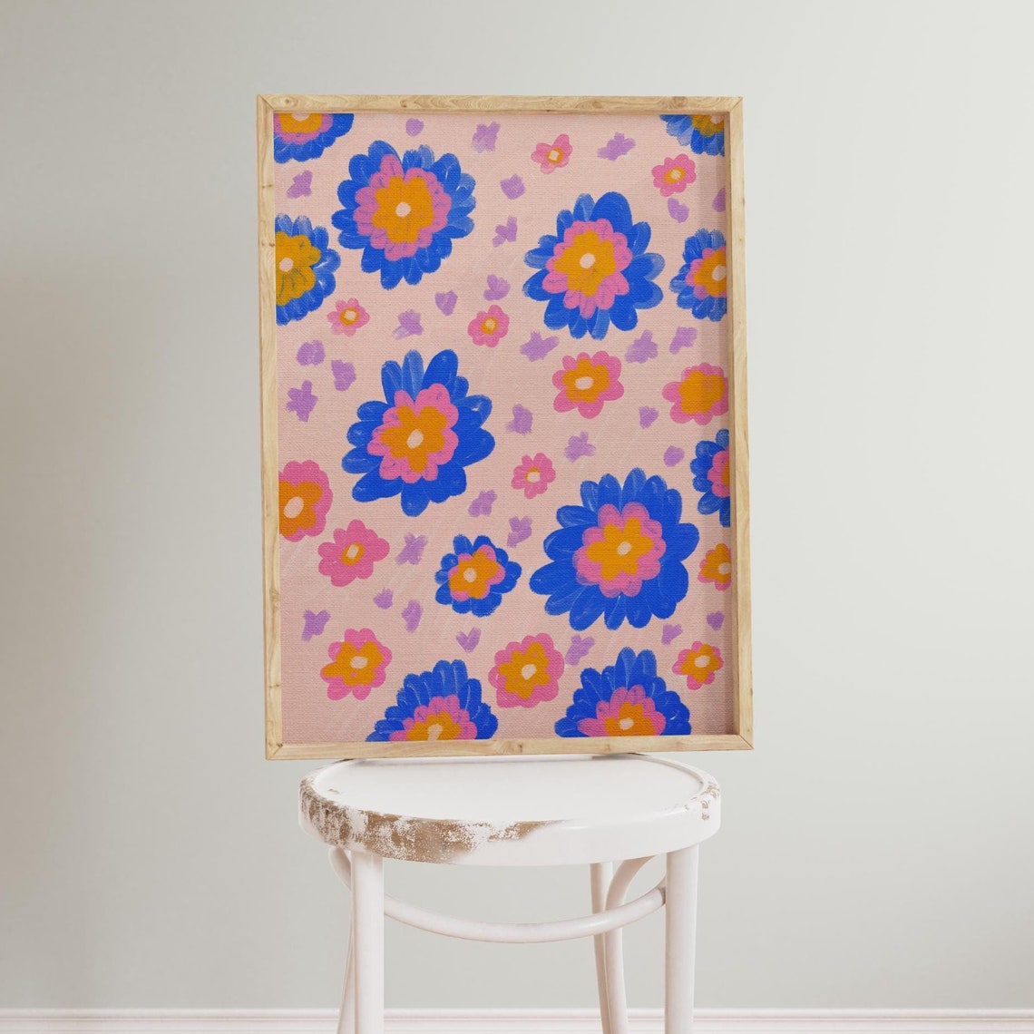 Bold Retro Floral Pattern Blue Pink Orange Flower Art Poster