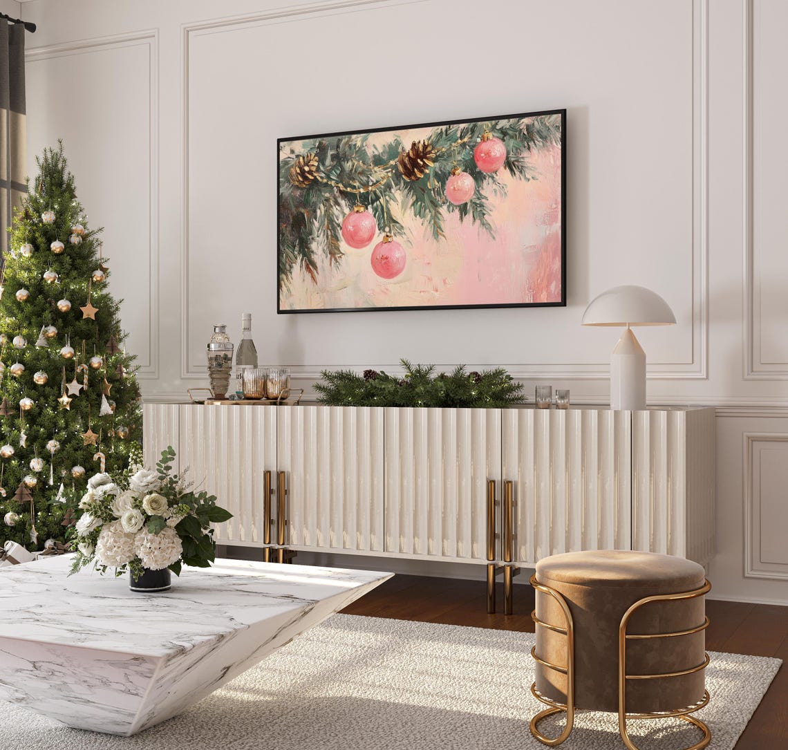 Pink Bauble Ornaments Snowy Pine Branch Pinecone Holiday Wall Art - Image 3