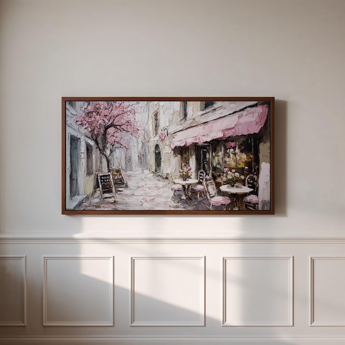 Parisian Cafe Street Pink Awning Spring Blossom Travel Poster - Image 3