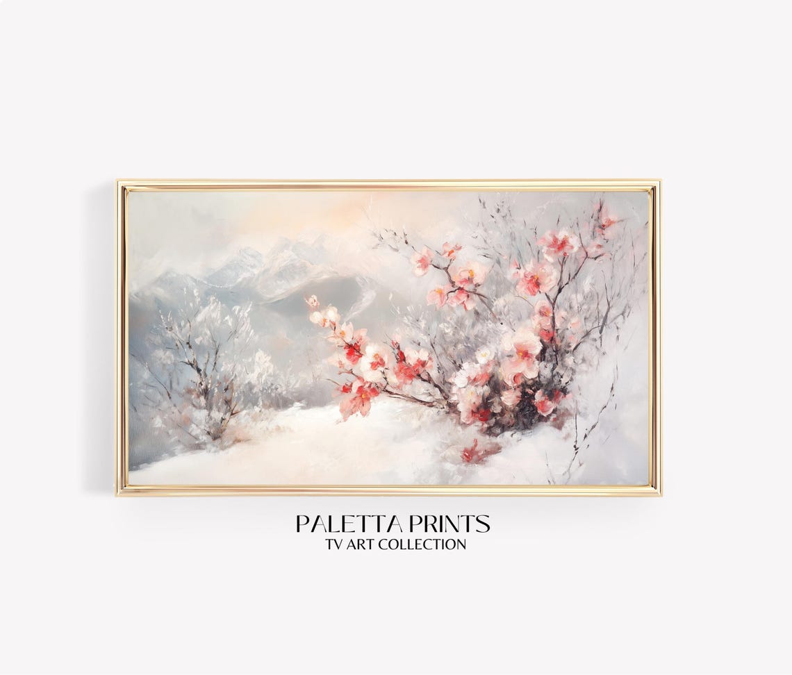 Frosted Pink Cherry Blossom Snowy Landscape Pastel Nature Scene Poster