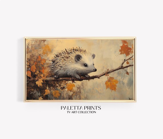 Hedgehog Perched On Branch Autumn Maple Leaves Cute Fall Animal Print