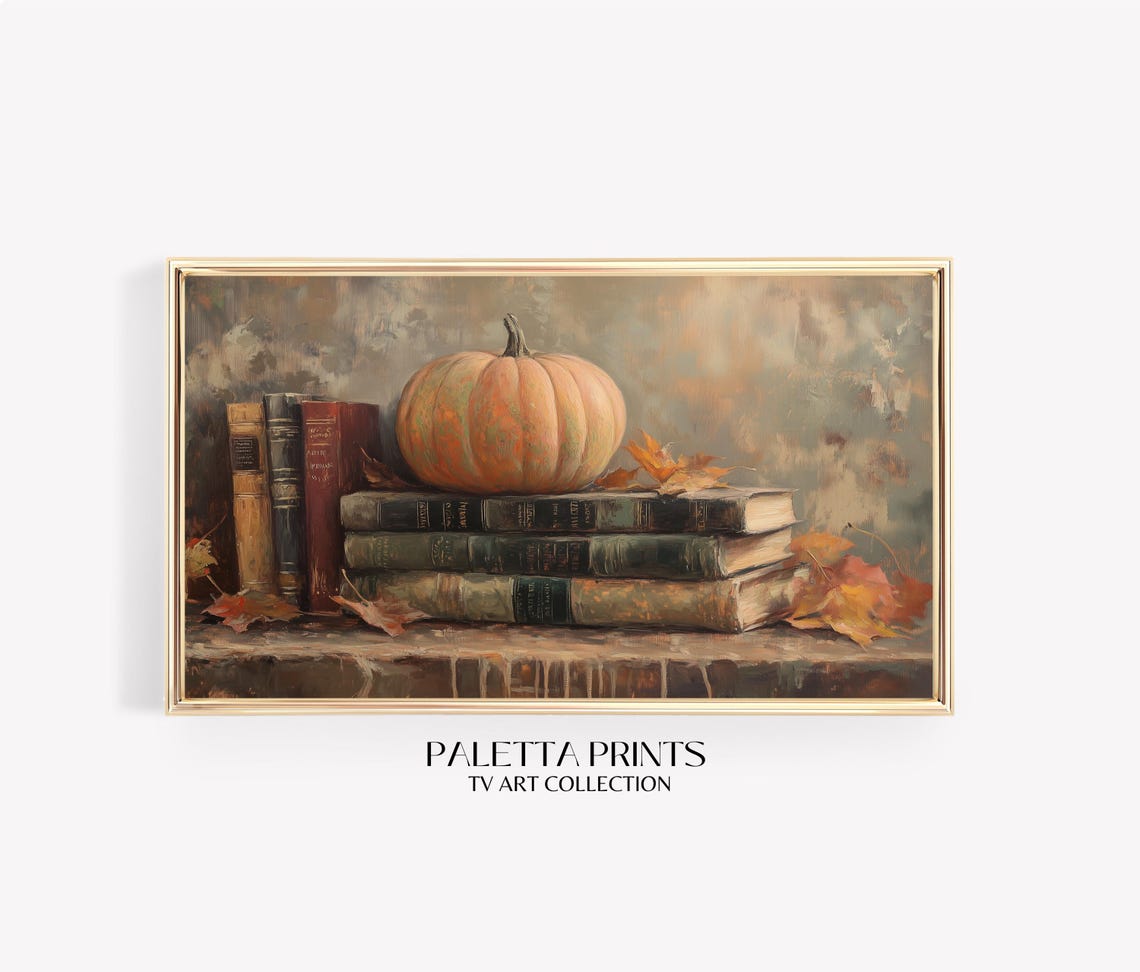 Pumpkin Resting Stack Vintage Books Autumn Leaves Library Art Print