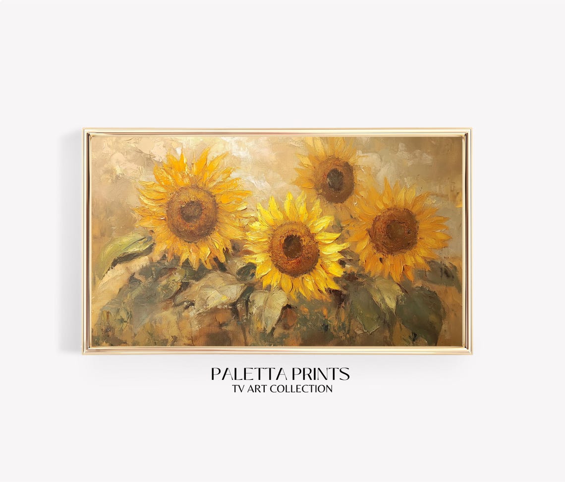 Golden Sunflower Blooms Close Up Impressionist Rustic Summer Wall Art